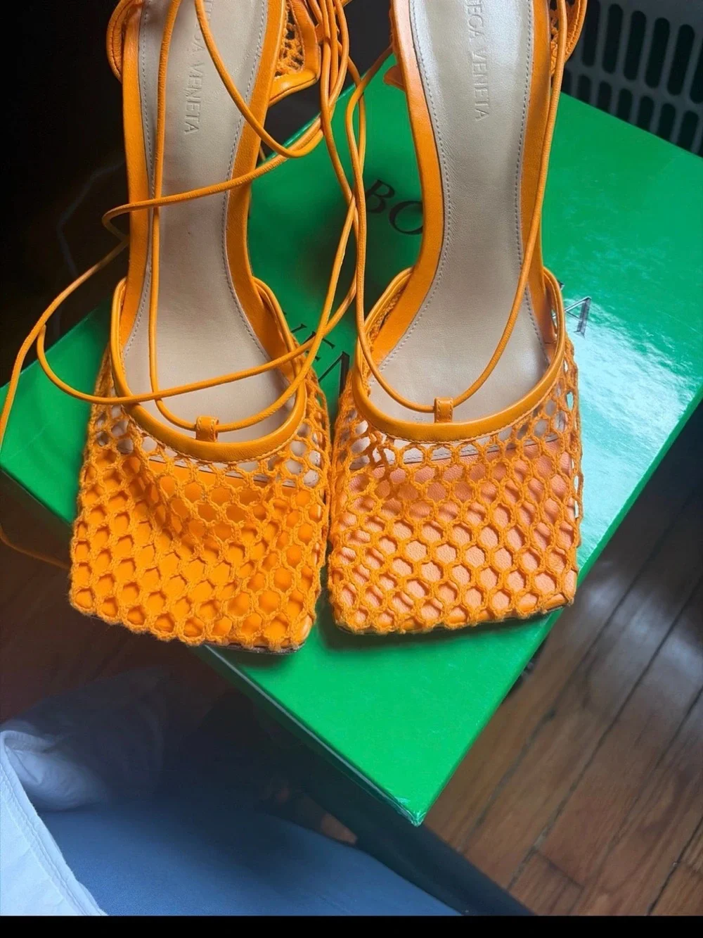 Bottega Veneta Orange Mesh Lace-Up Square-Toe Heels - Picture 6 of 6